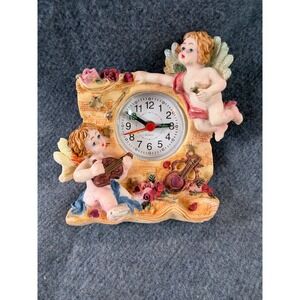 Angel Floral Victorian Cherub Desk Clock‎ Resin Musical WORKS 4" Shelf Decor